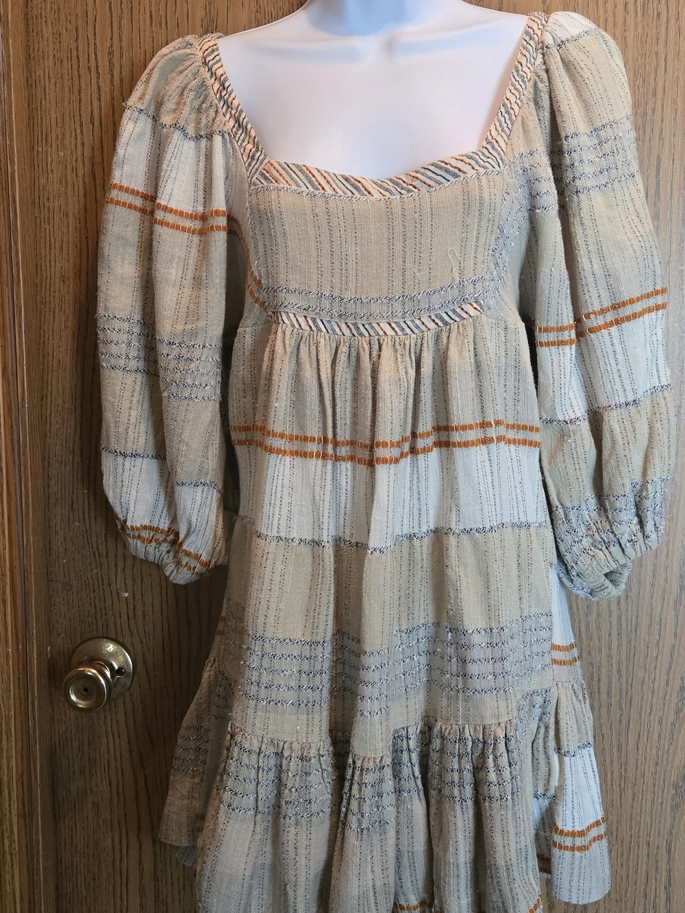 Cream and Tan Peasant Mini Dress with Puff Sleeves